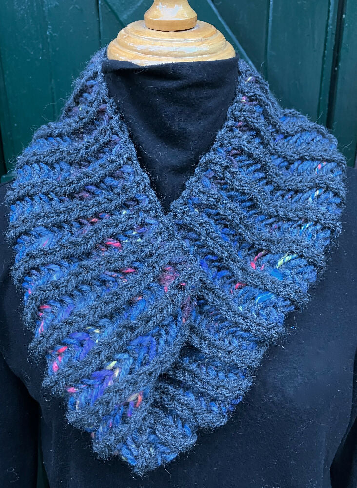 A Linear Narrative - Cowl or Ring Scarf - hand knitted with hand spun yarn