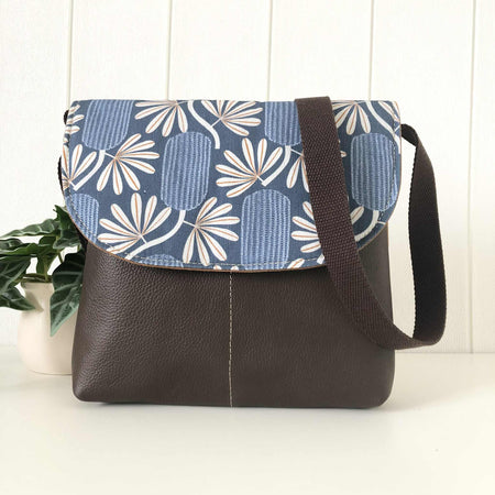 Tan Canvas and Genuine Leather Crossbody Bag with Banksia