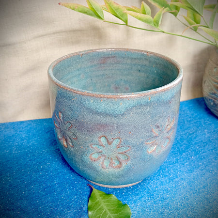 Blue Ceramic Tumbler with Flower Motif