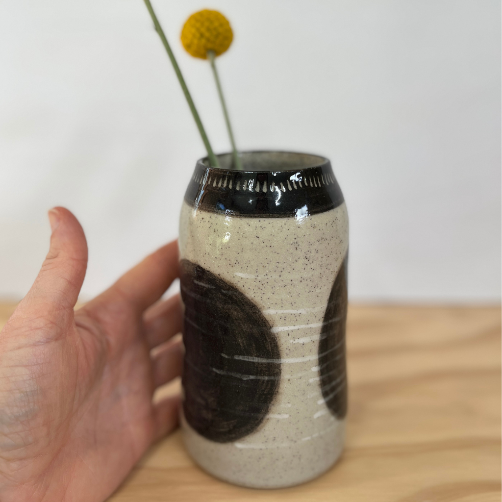 Wheel-thrown Hand-painted Ceramic Bud Vase 14cm "Circles and Lines"