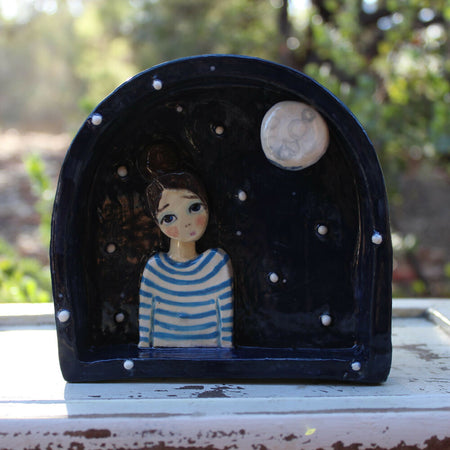clay diorama, blue moon, stripes, picture