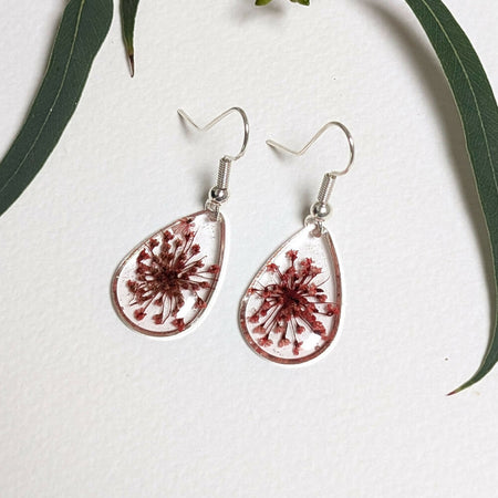 Teardrop silver earrings with red Queen Anne's Lace
