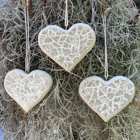 Upcycled Mosaic Hearts - Hanging Ornament - Set of 3 - Beige/White
