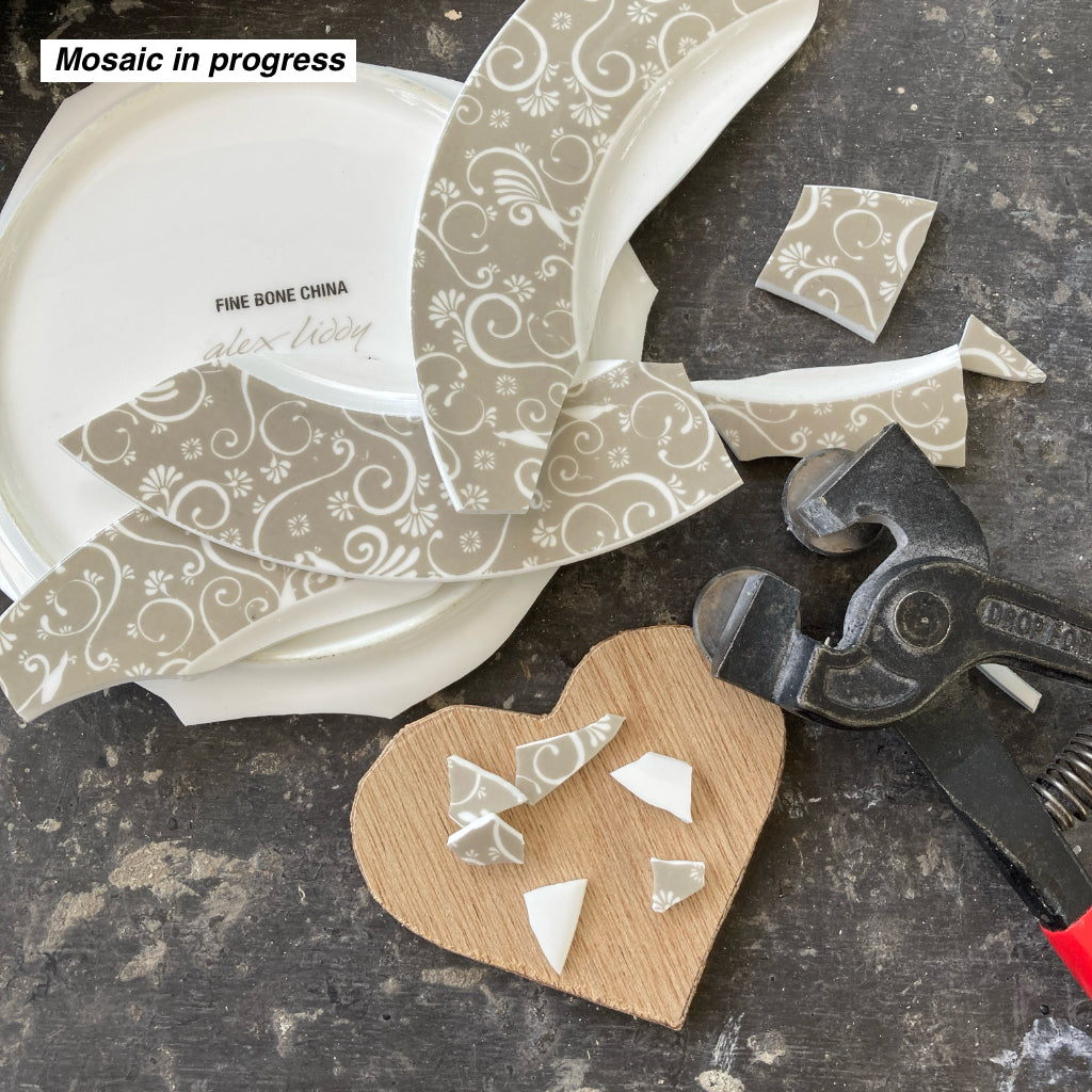 Upcycled Mosaic Hearts - Hanging Ornament - Set of 3 - Beige/White