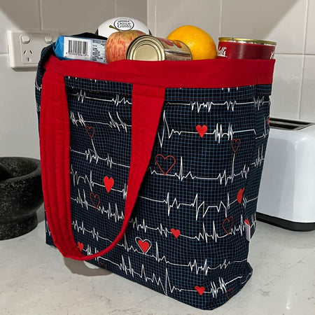 Grocery Tote .. Lined with storage pouch.. Heartbeat