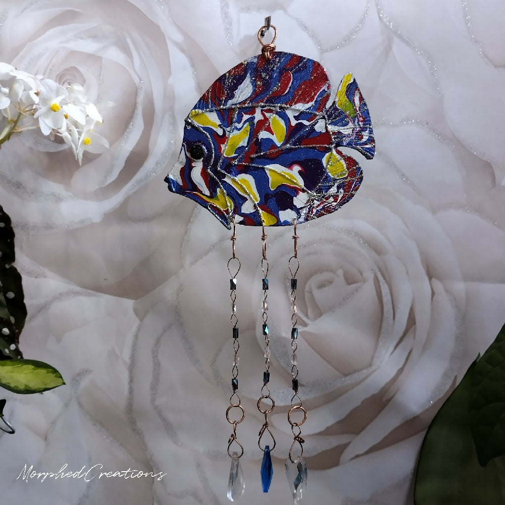fish suncatcher multicoloured hand painted natural copper glass beads glass crystals 1