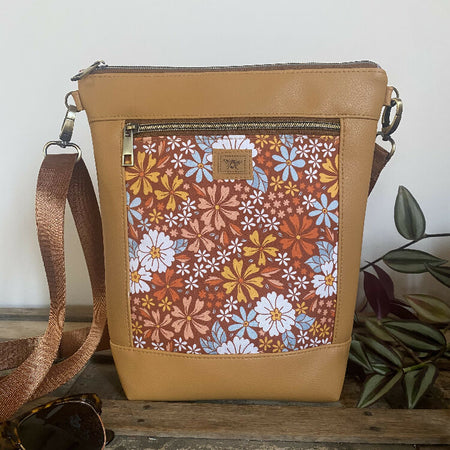 Hipster Crossbody Bag - Daisies on Rust/Mustard Faux Leather