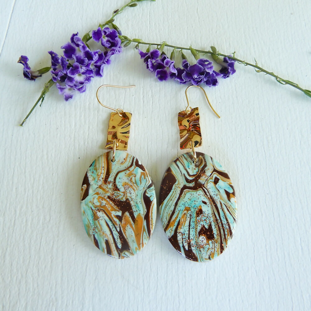 Chocolate & Mint Green Polymer Clay Earrings "Traveller"