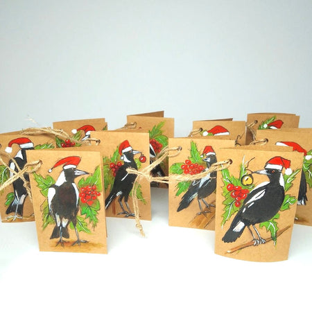 Handpainted Magpie Christmas Tags - Rustic Kraft paper. Set of 10