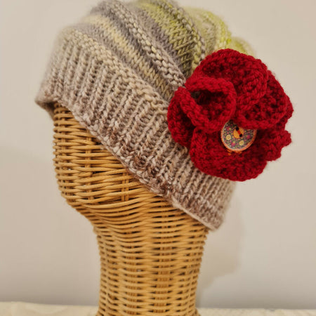 Handknitted Cloche Hat with Big Red Flower