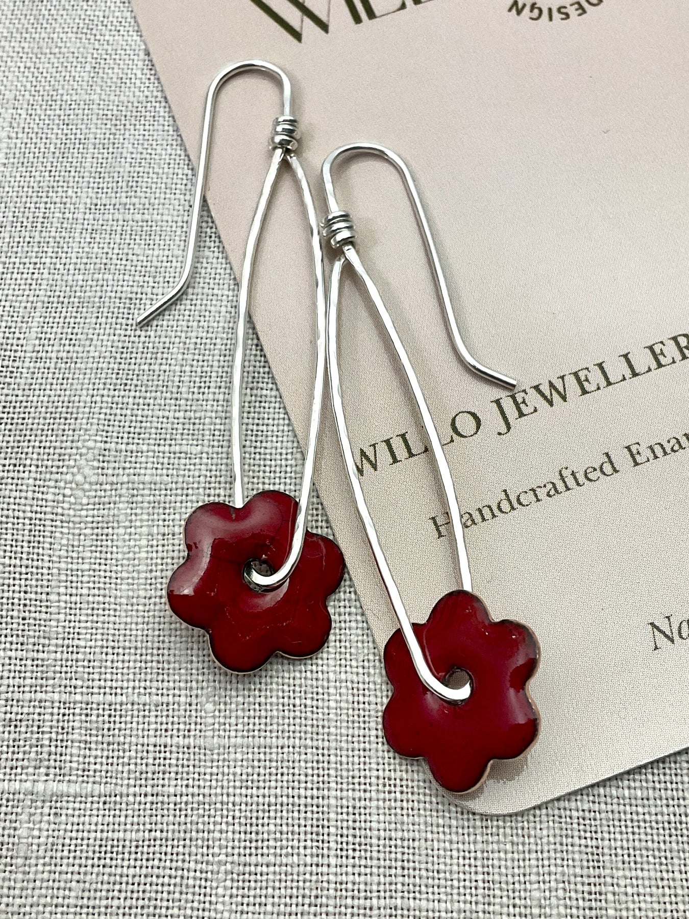 Red flower earrings. Enamel and Argentium silver.