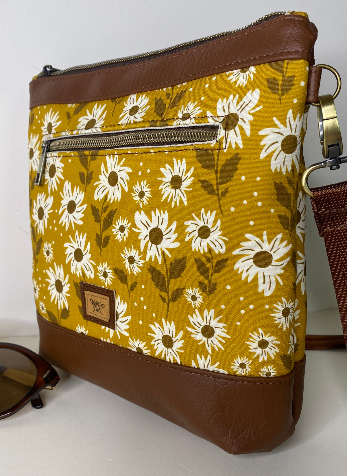 Mia Crossbody Bag - White Sunflowers on Mustard with Dark Brown Faux Leather