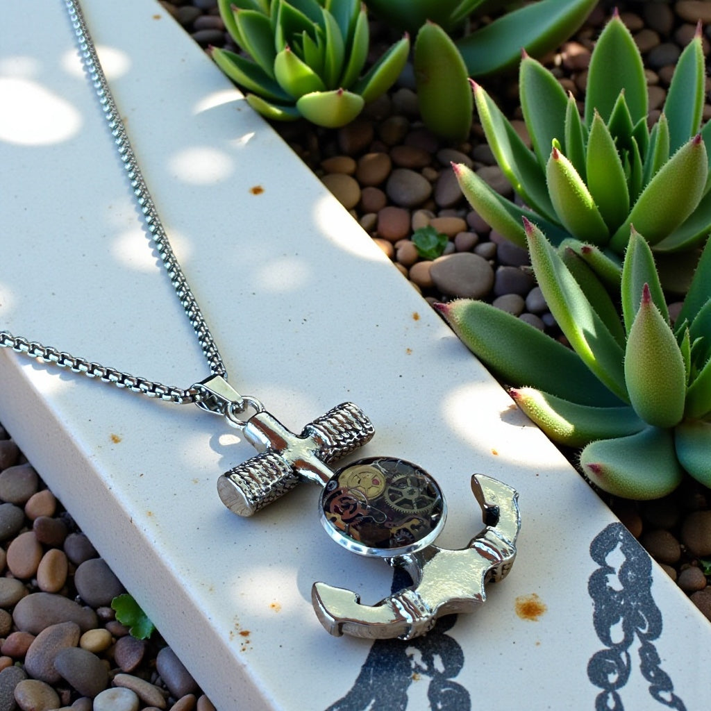 Steampunk watch parts Anchor Mens necklace