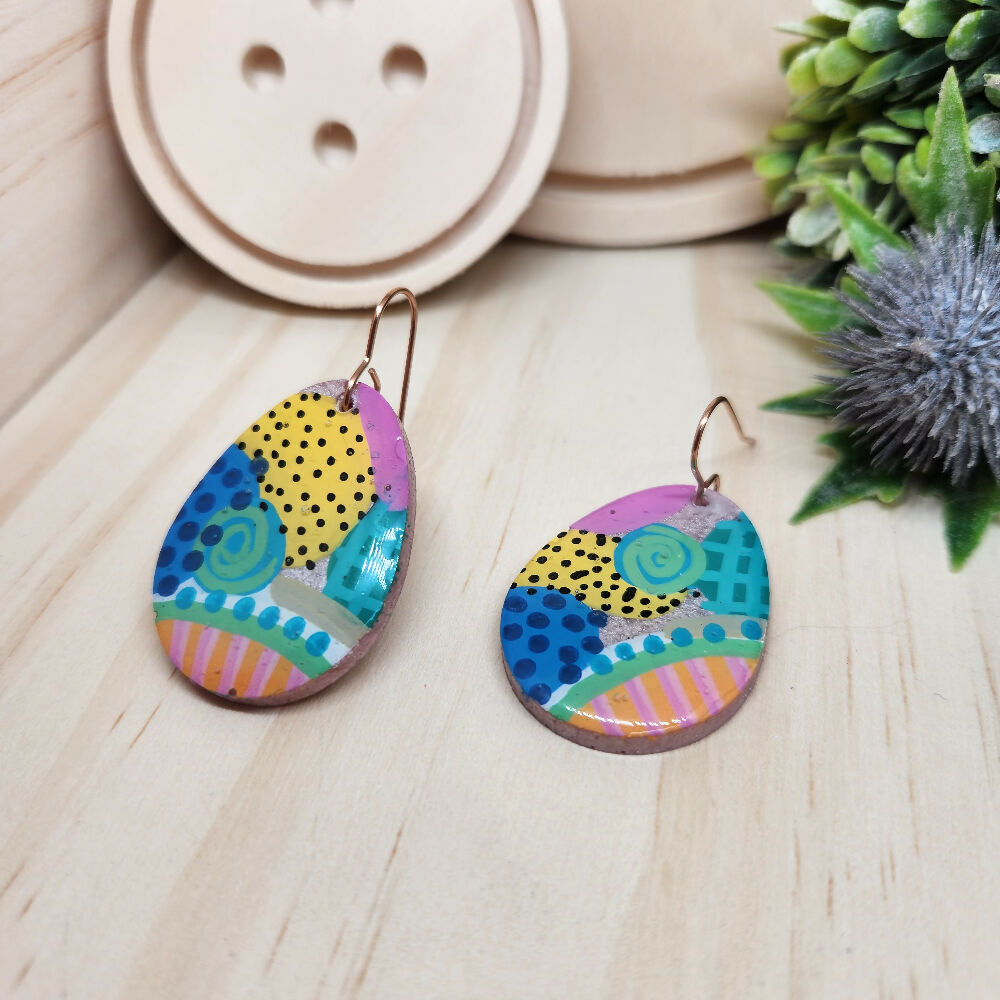 Dangle Earrings Gemma Oval Painted Handcast Resin Hook Earring