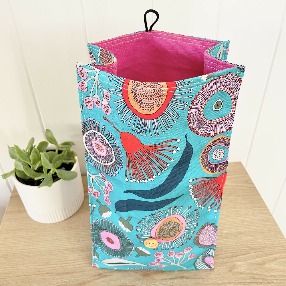 Lunch Bag Cotton Canvas~ Reusable, Fold Over~ Blossoms Blue