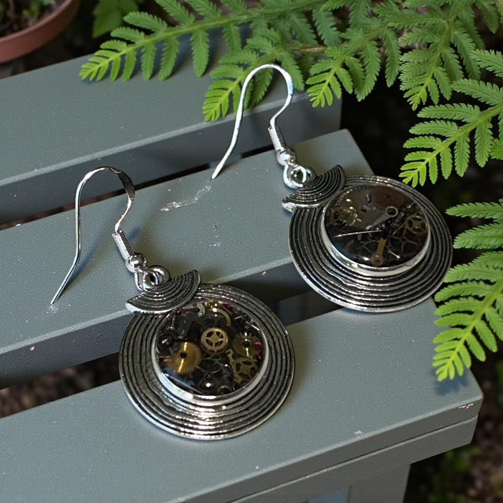 Steampunk watch parts silver shield dangle earrings