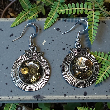 Steampunk watch parts silver shield dangle earrings