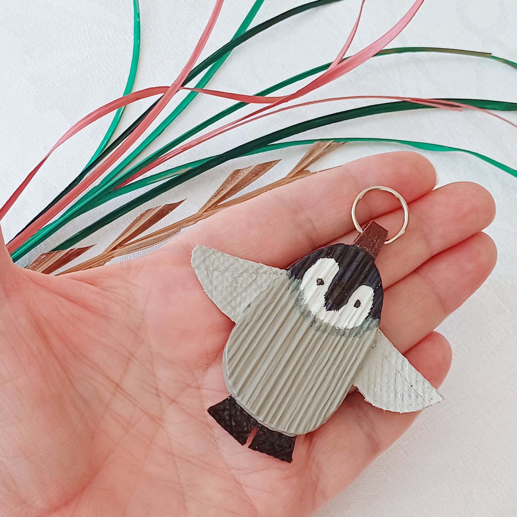 Hand painted Palm Leaf Baby Penguin Keychain