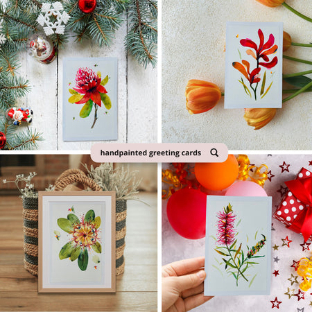 Handmade Australian Floral Christmas Greeting Cards – Waratah, Kangaroo Paw, Banksia & Bottlebrush | Gift & Keepsake Art Card | Free Shipping