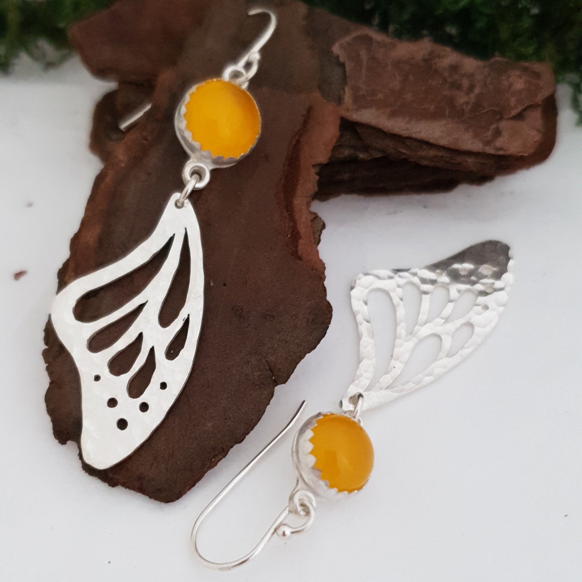 Silver butterfly wings earrings with yellow chalcedony