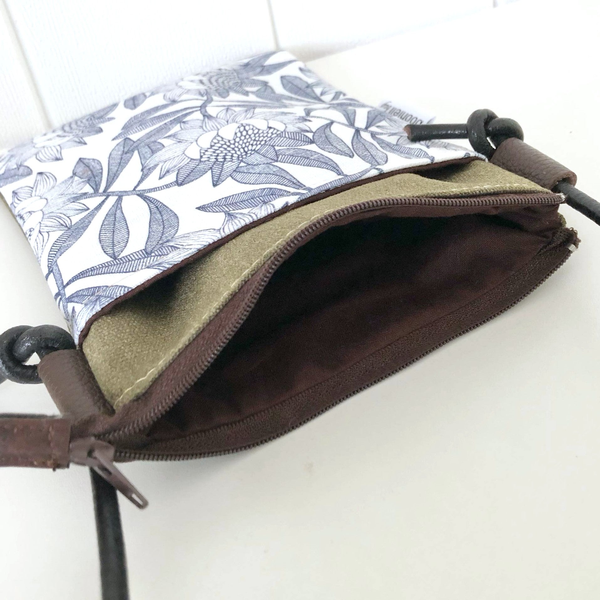 Cross Body Phone Sling Bag in Green Canvas with Protea