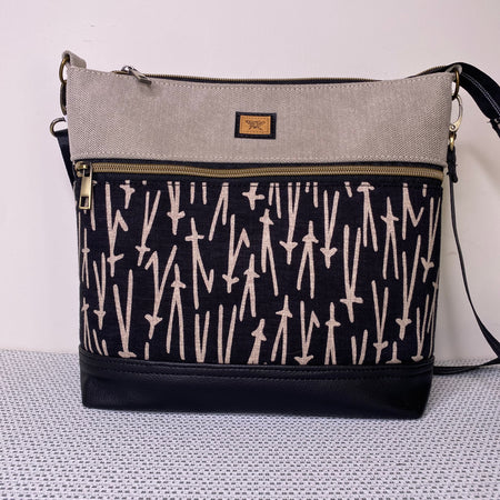 Lola Crossbody Bag - Contemporary Brown Print and Beige Fabric with Dark BrownFaux Leather Base