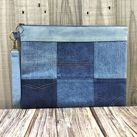 Large Upcycled Denim Patchwork Pouch - Ring zipper pull