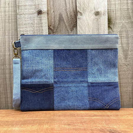 Large Upcycled Denim Pouch #3 - Patchwork Squares