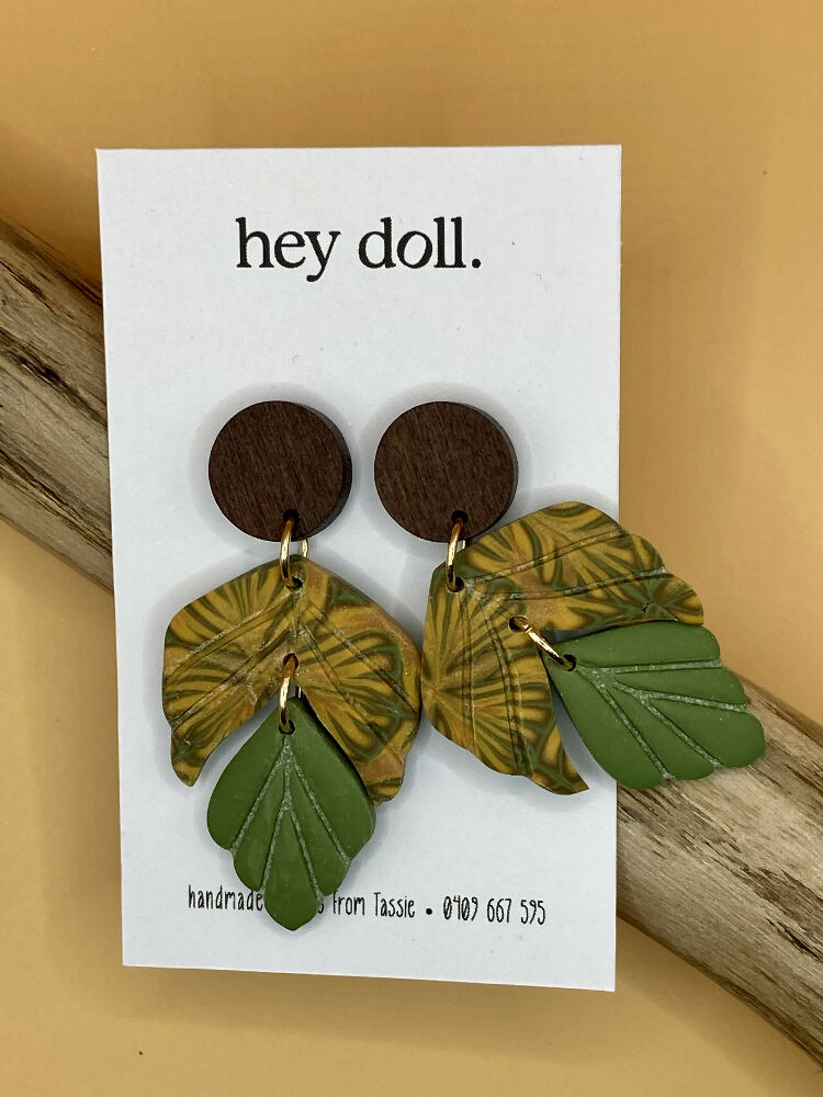 Olive and gold 3 tier dangles with wood detail