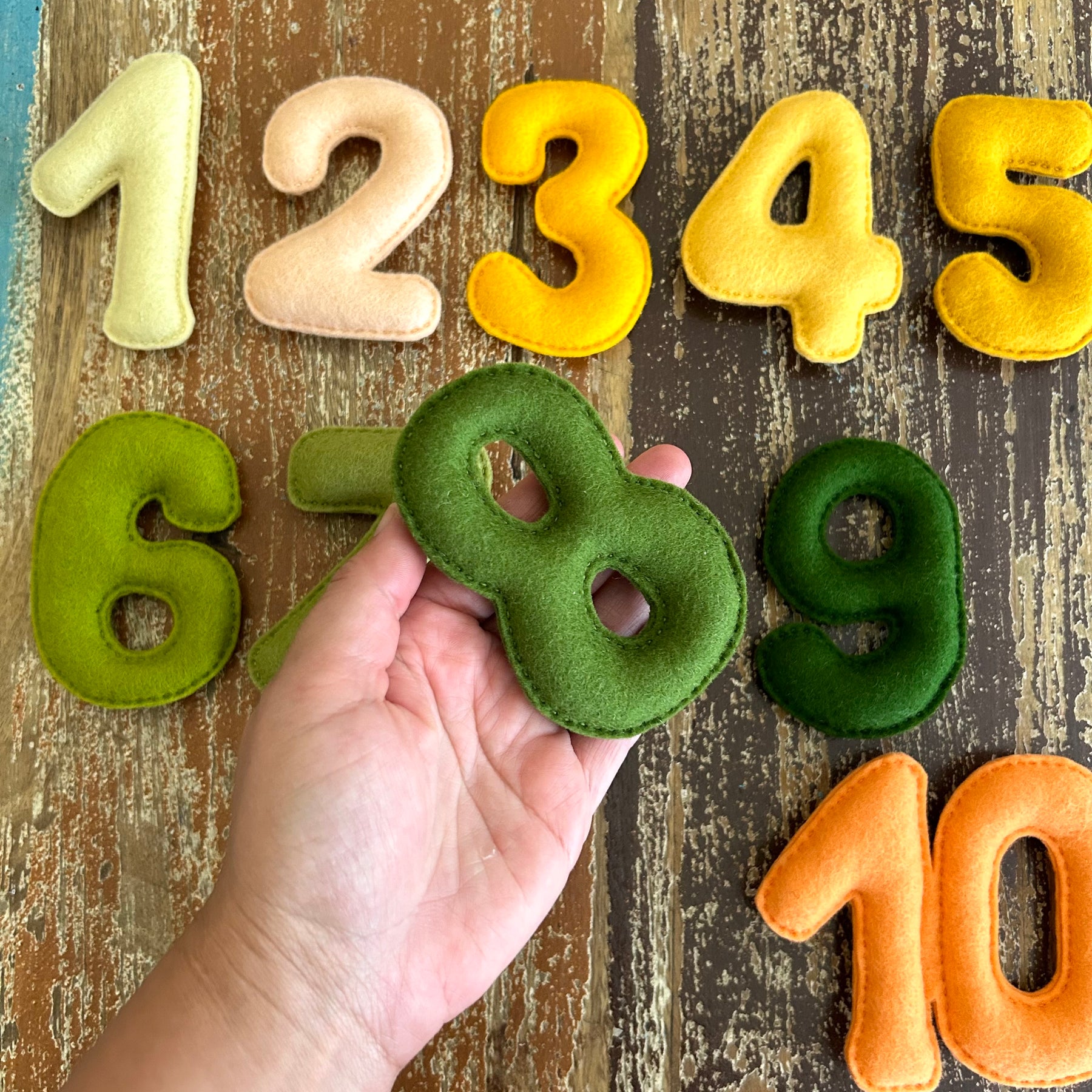 Ready to post, yellow, peach, green,Felt numbers, homeschool, preschool