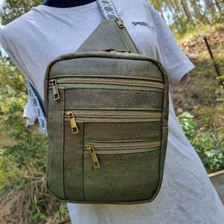 Cork Sling Style Bag/Backpack- Army Green Cork-Unisex Design