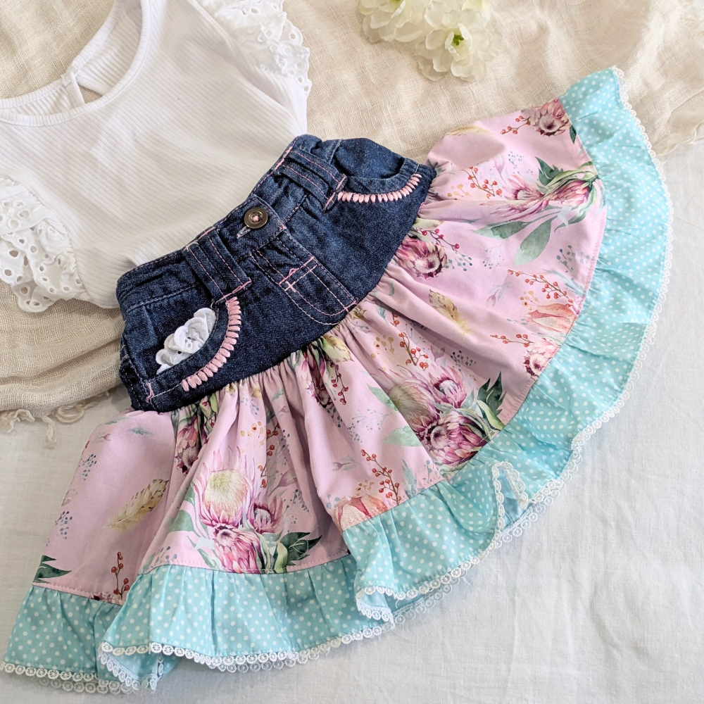 Girls Skirt Pink Protea Upcycled Denim Handmade Size 2-3