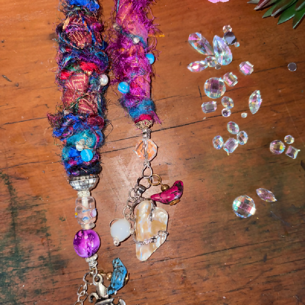 Boho beads with sari silk, handspun wool and charms by Leumesin Handmade