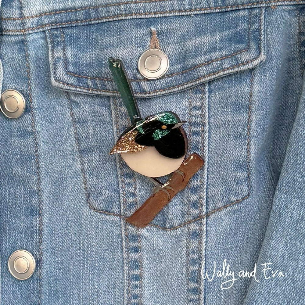 hand-painted-superb-fairy-wren-resin-wood-brooch-on-denim