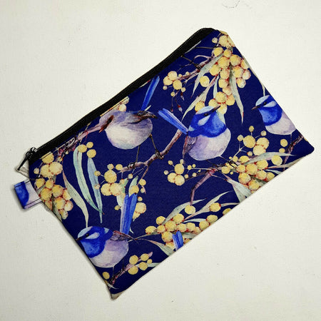 Medium Pouch in Blue Wren and Golden Wattle fabric