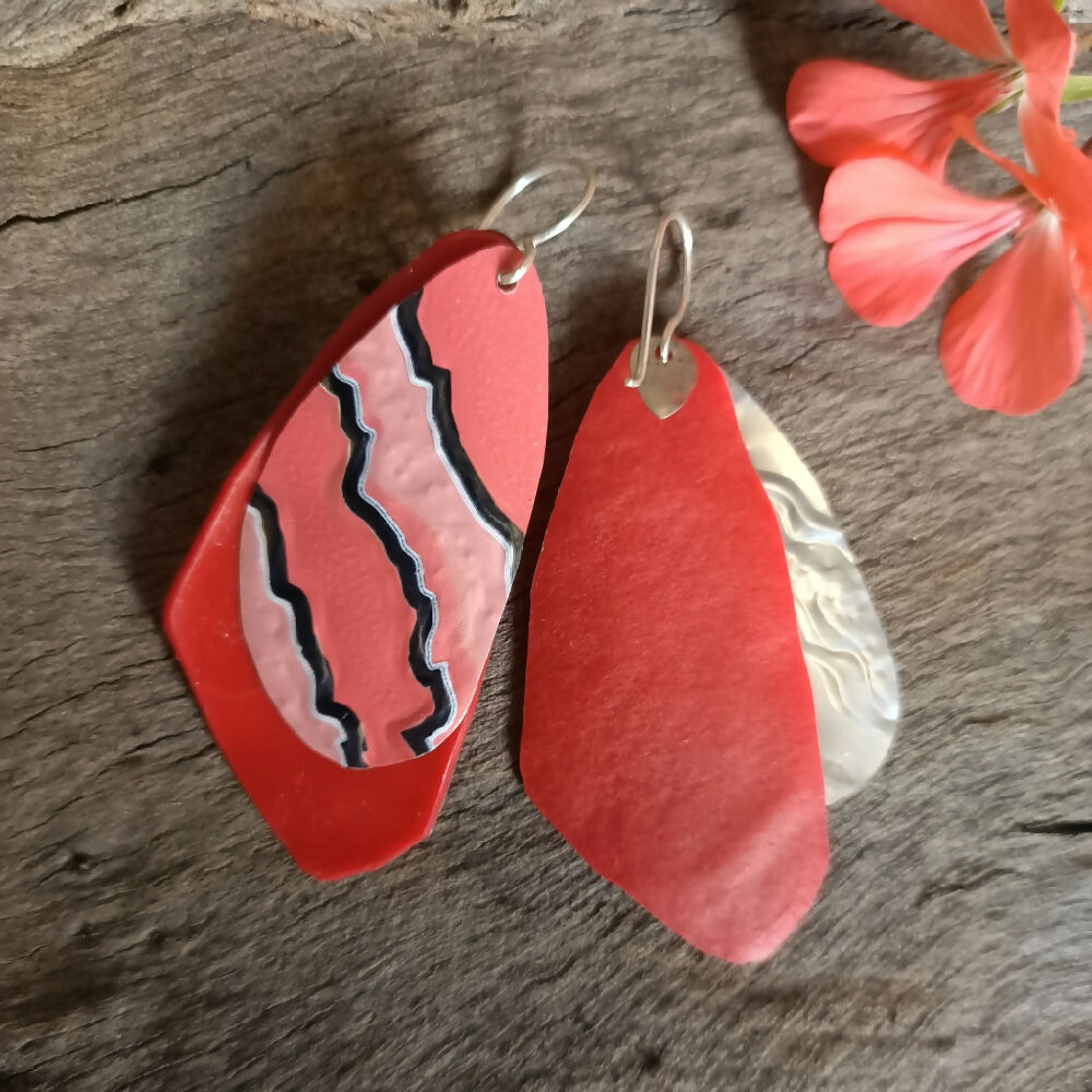upcycled handmade earrings pink red trianglular back