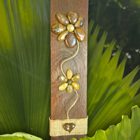 Wooden hanging decor - Double Pebble Flowers - Hessian and Heart