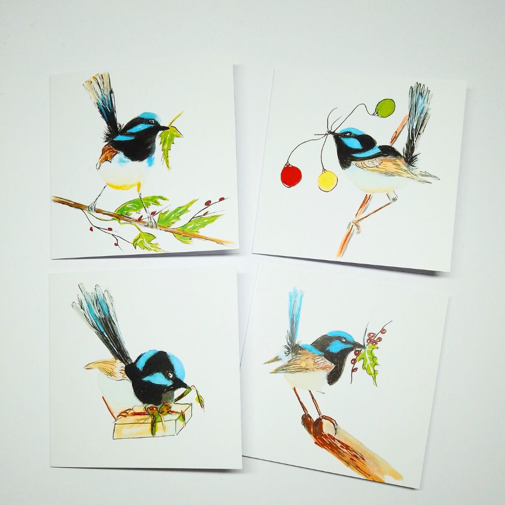 Blue Wren Christmas Cards - set of 4 designs