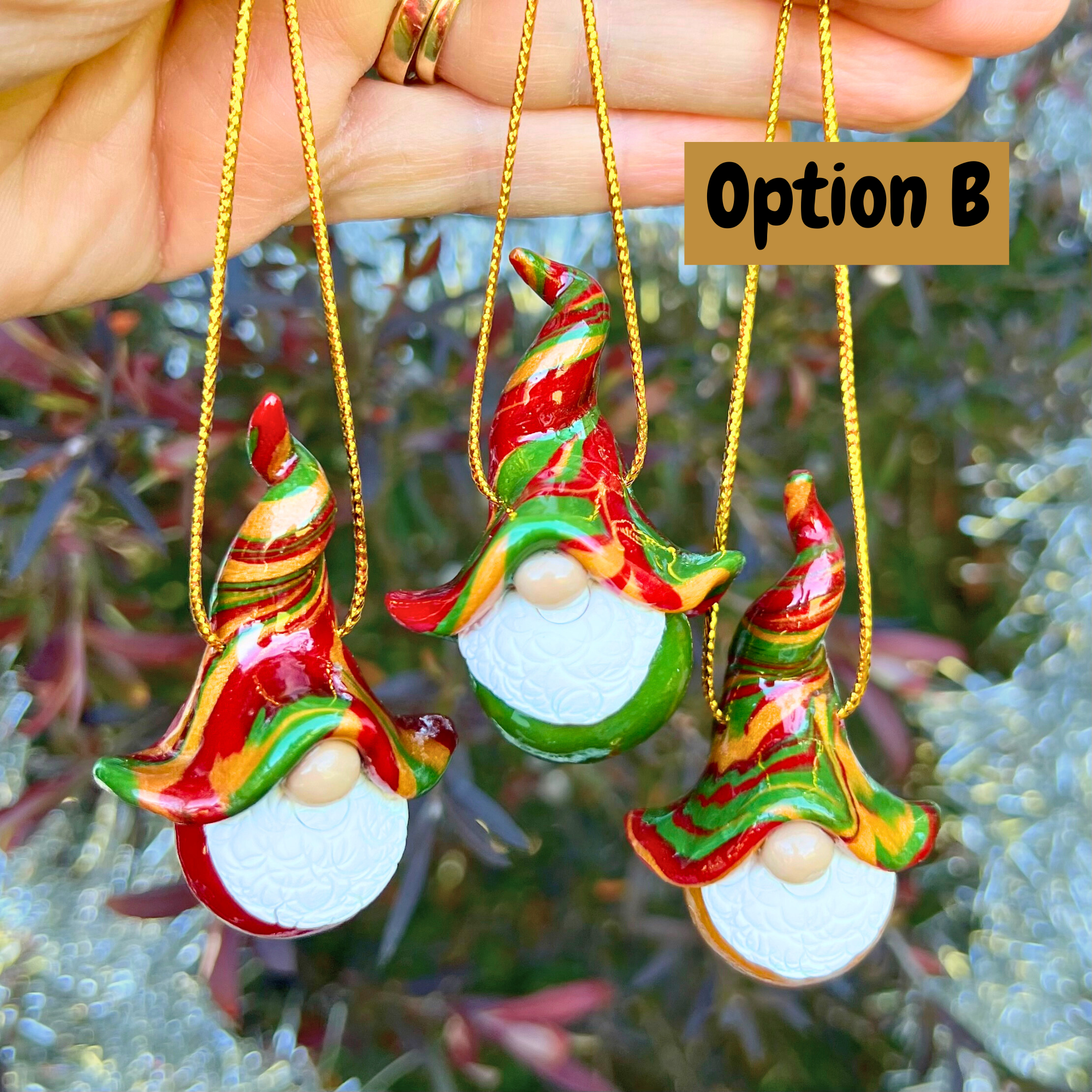 Gnome Christmas bauble trio - mixed - Gold/Red/Green bottoms