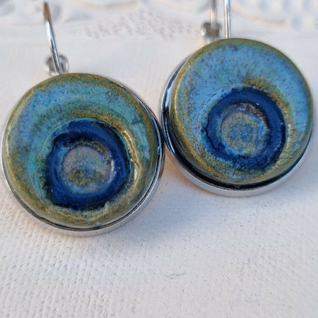 Artisan Ceramic Earrings, blue green, 18mm, pierced ears