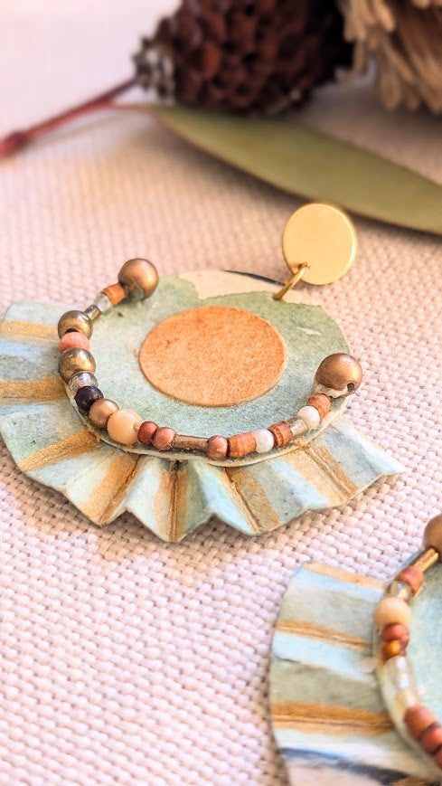 Sustainable Statement Earrings – Handcrafted Paper Fan with Beaded Detail