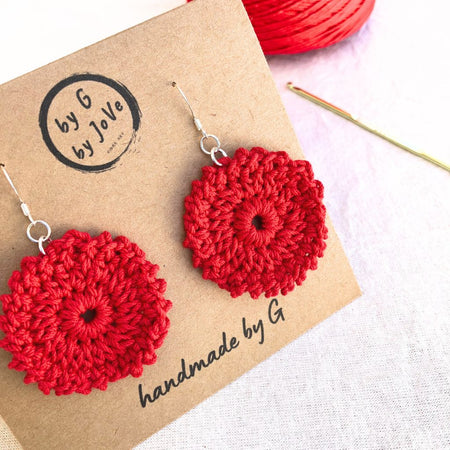 Bold Crimson Bloom - Handmade Cotton Crochet Dangle Earrings