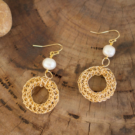 Gold Knitted Wire and Freshwater Pearl Earrings