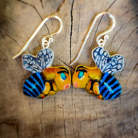 Bee earrings, blue-banded bee in silver, handpainted, handcarved