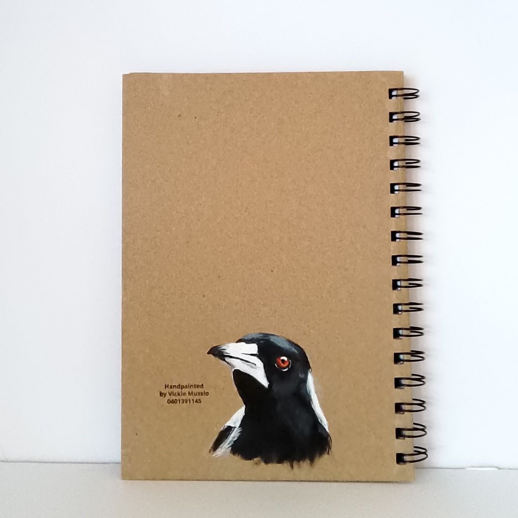 Magpie handpainted Notebook with wattle