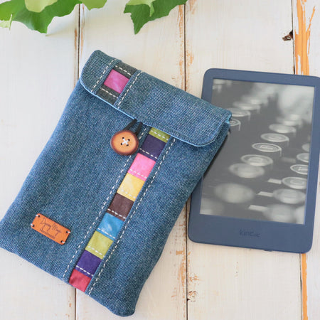 Kindle Sleeve, E-reader sleeve, Upcycled Denim, Hand dyed Patchwork