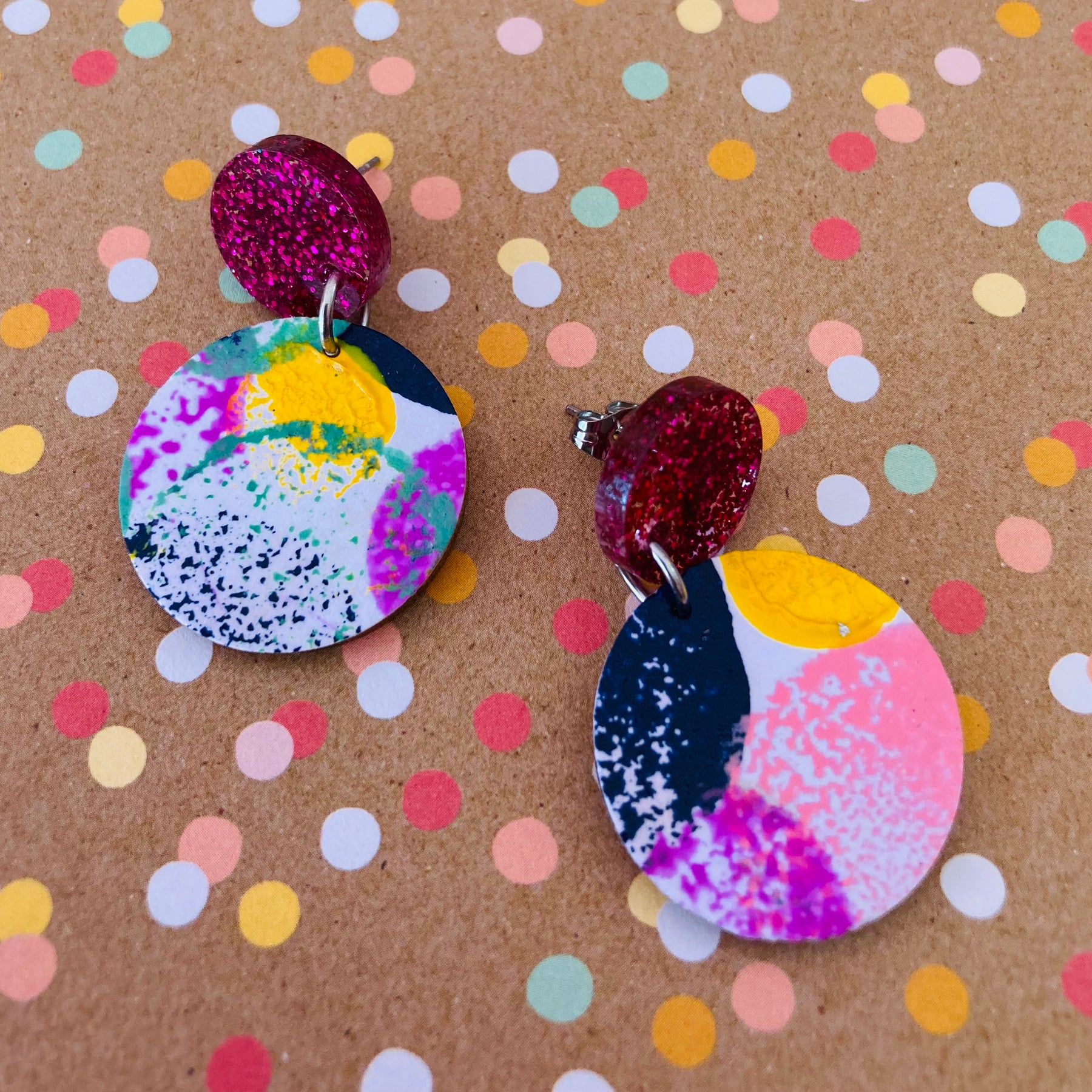 Bright handpainted circle earrings