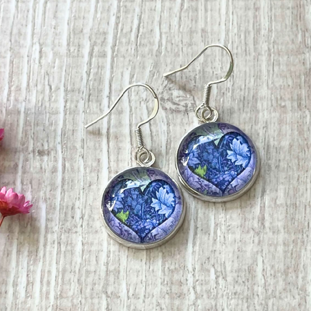 Blue Earrings Handmade with Heart Papers.  Choose dangles or studs