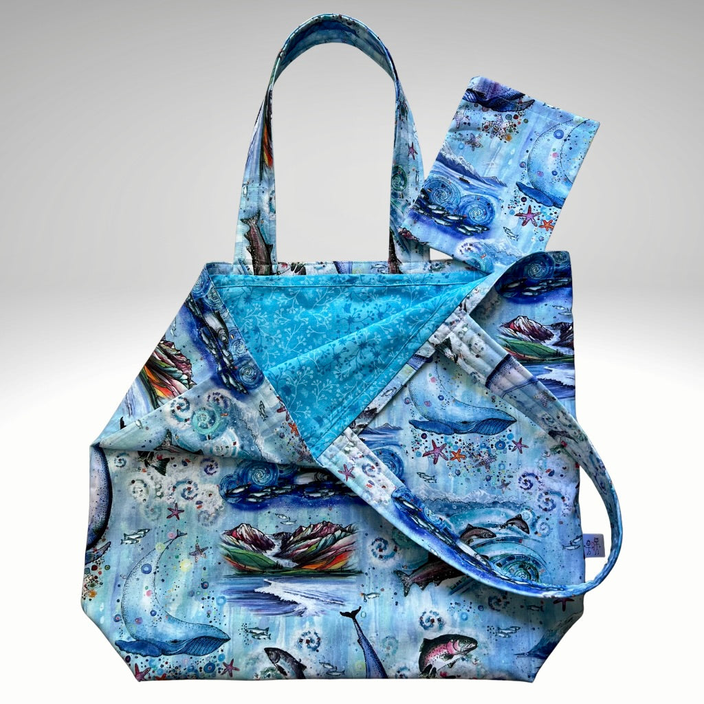Grocery Tote .. Whales & Fish .. Lined with a storage pouch