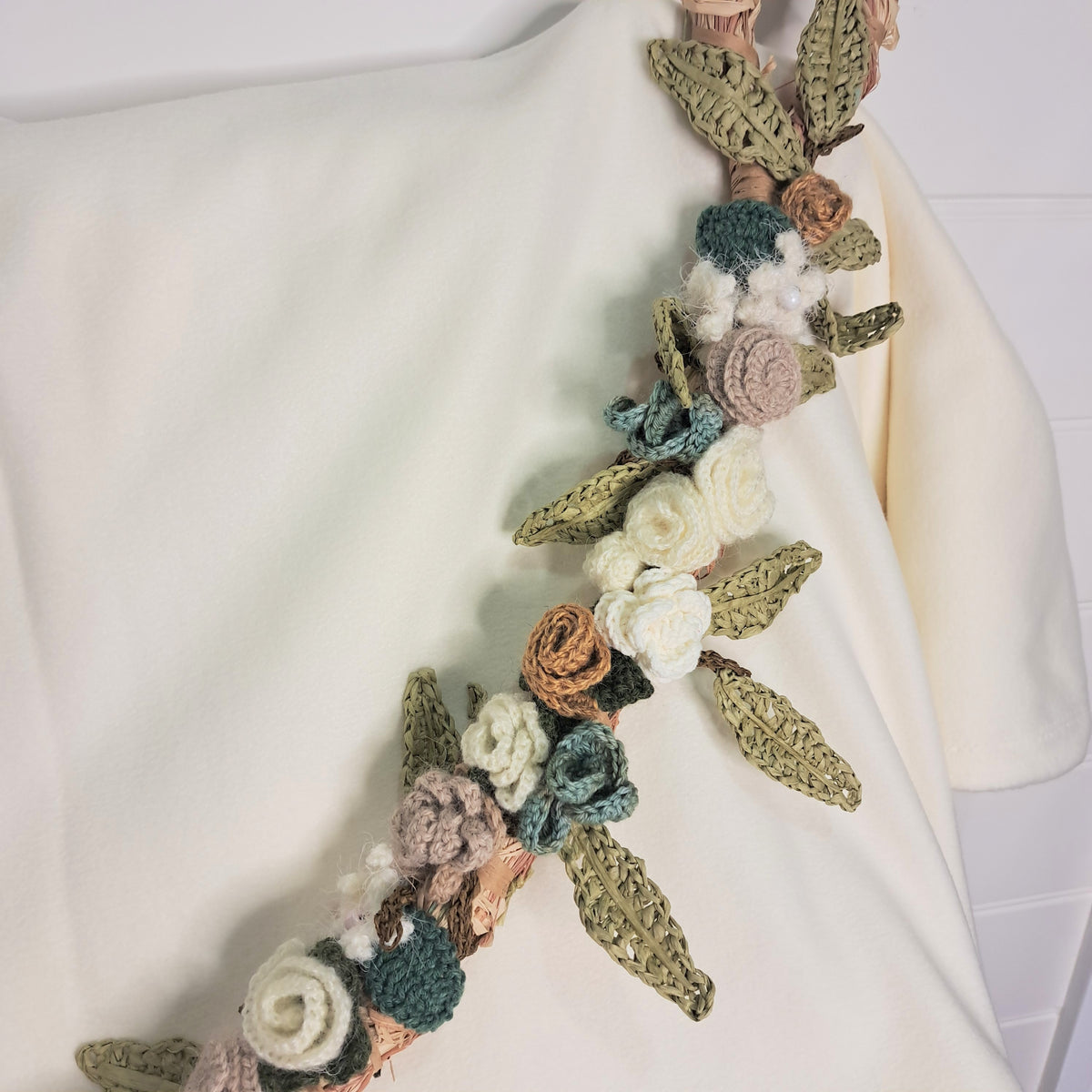Handmade crochet Wedding Garland, roses, eucalyptus on raffia